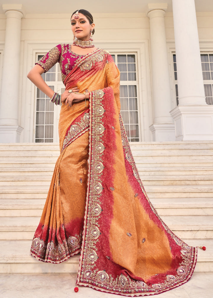 Peach Natural Crape Jaquard Saree With Jari Work