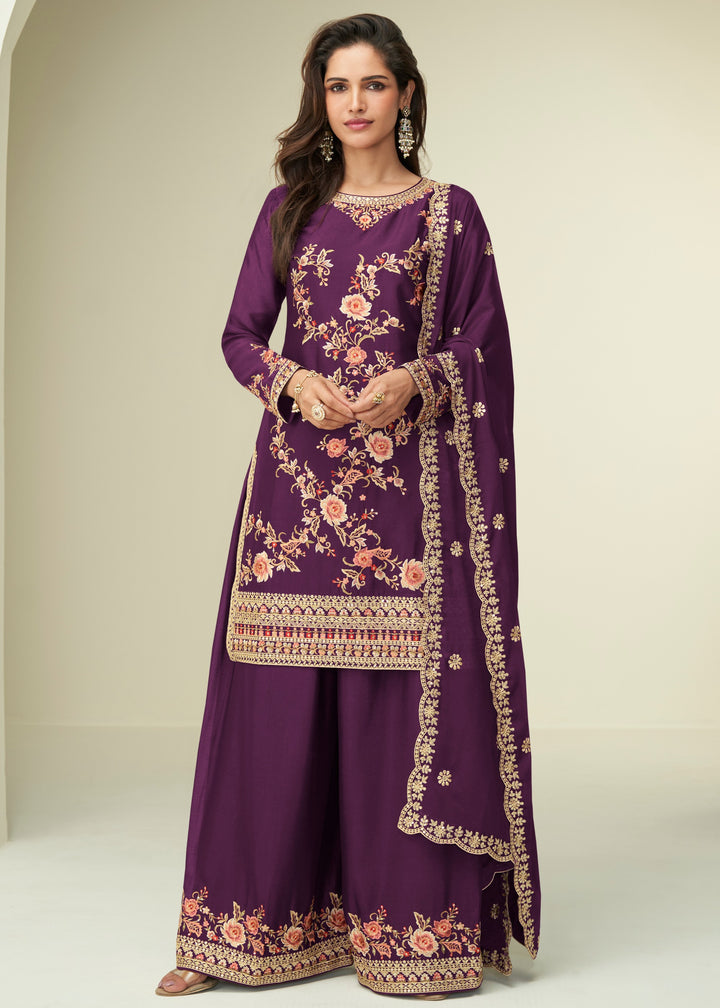 Eggplant Purple Chinon SIlk Plazo Suit With Embroidered Work