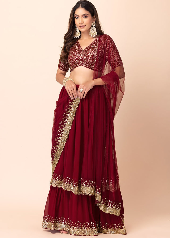 Garnet Red Georgette Lehenga Choli With Sequins And Thread Embroidery Work