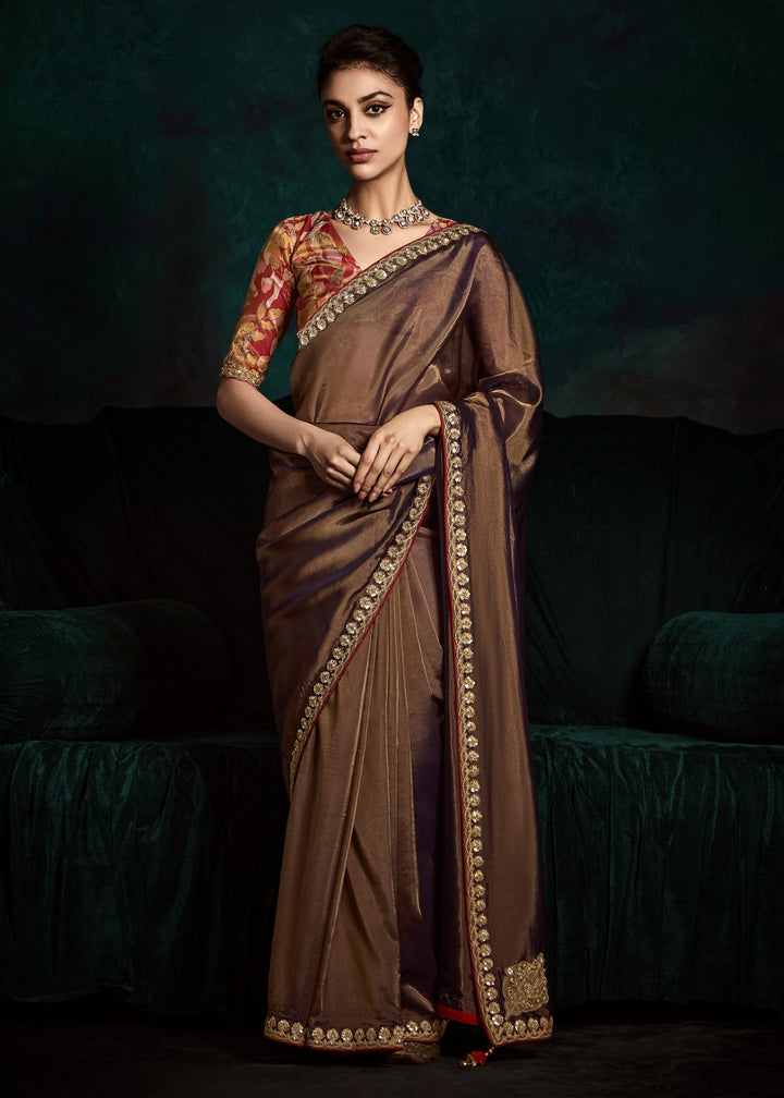 Mocha Brown Silk Saree With Sequins