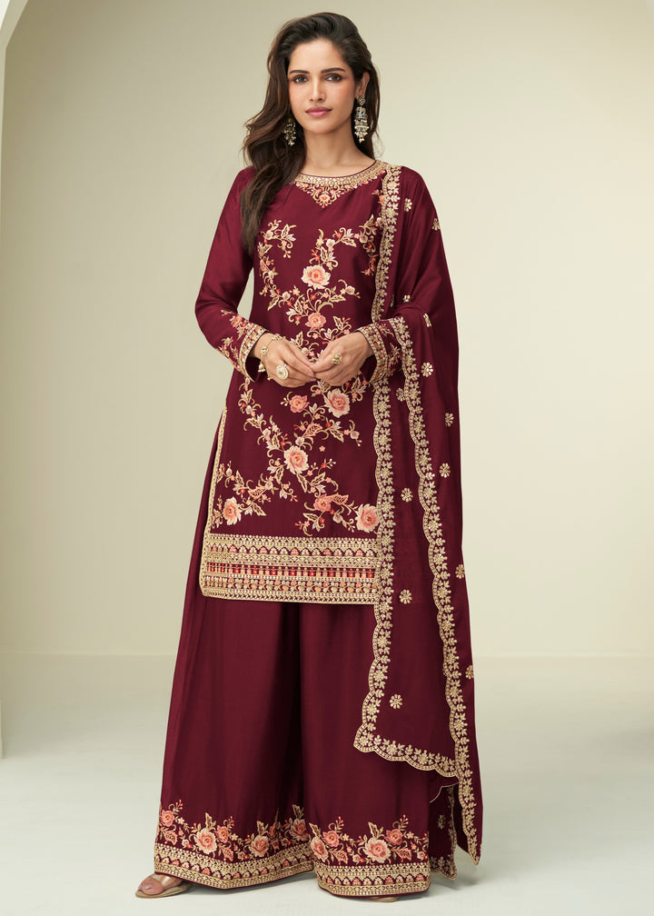 Currant Red Chinon SIlk Plazo Suit With Embroidered Work