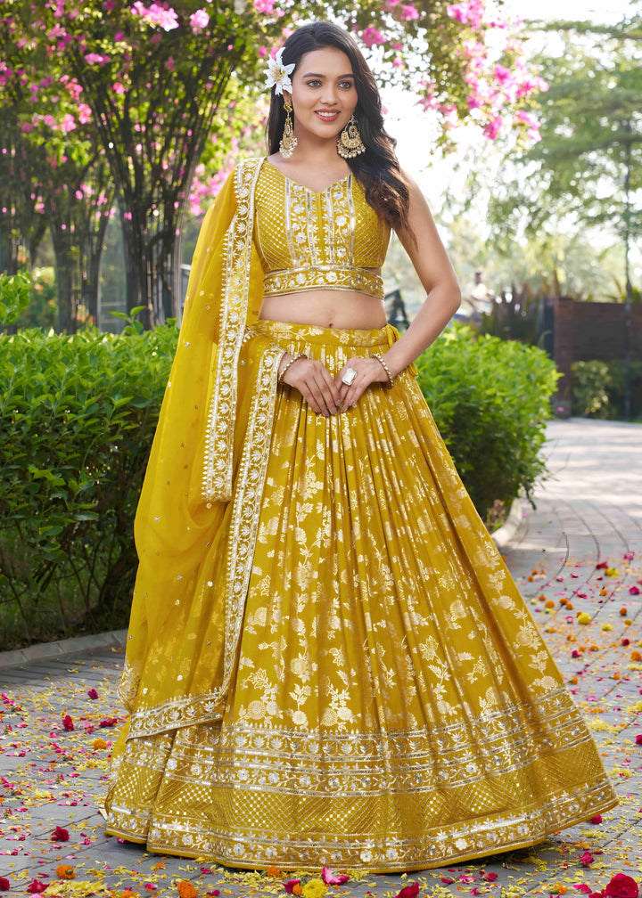 Yellow Sequins and Zari Embroidery Work Silk Lehenga