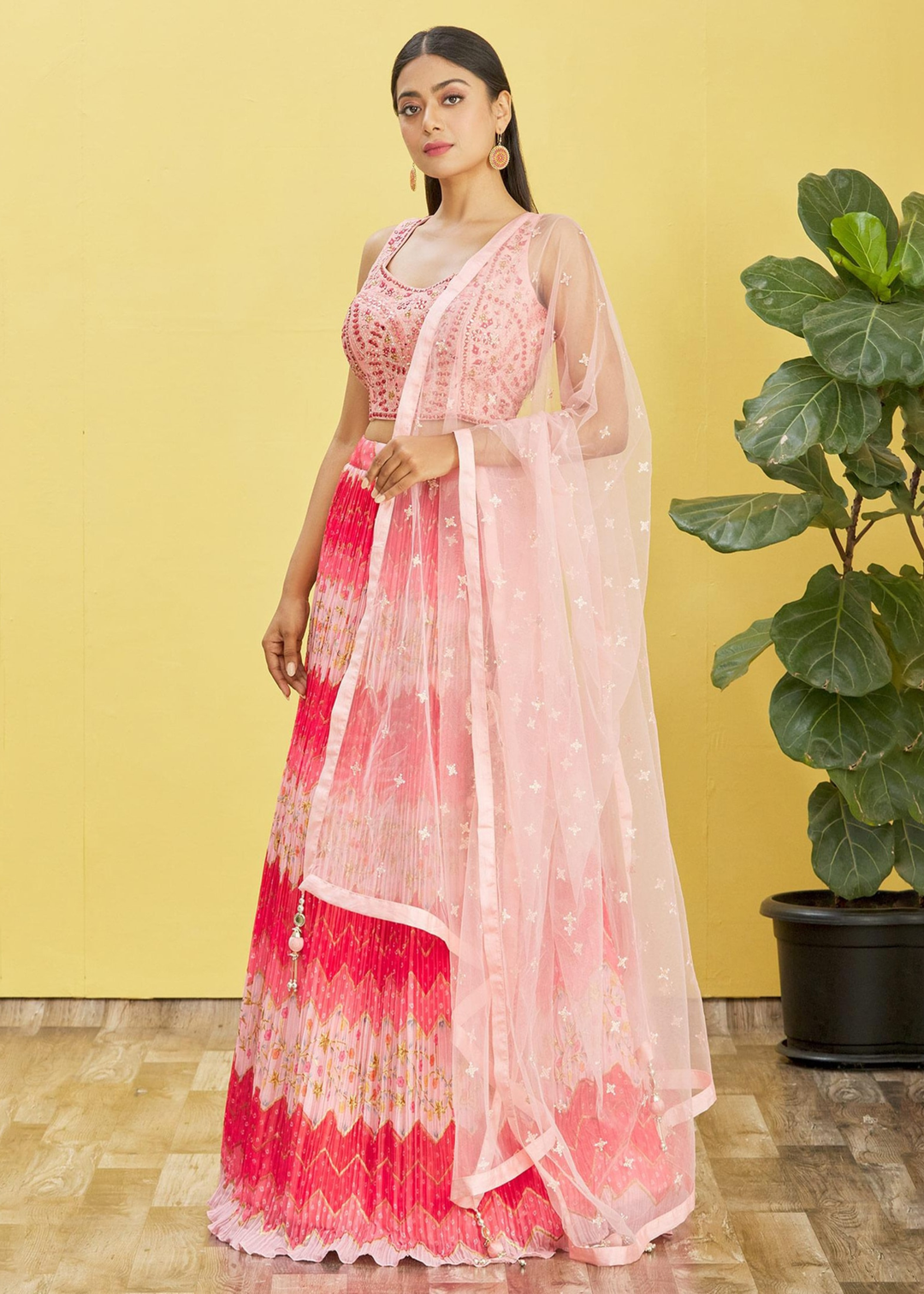 Shades Of Pink Digital Printed Chinnon Lehenga with Thread,Zari & Sequins Work