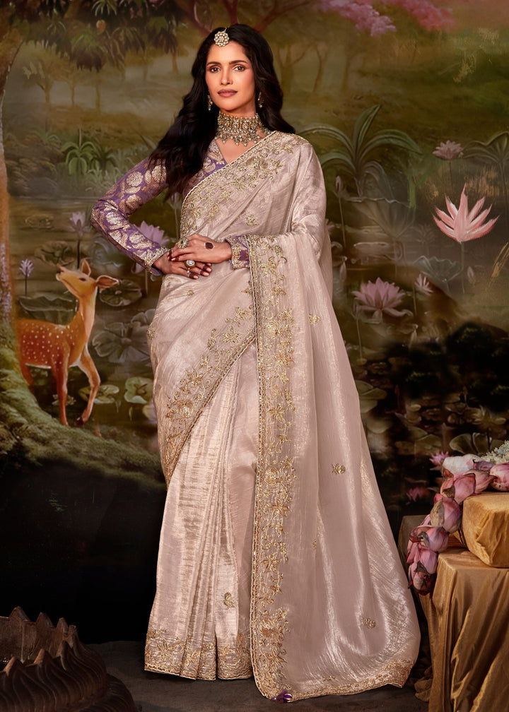 Purple And Cream Saree With Embroidery And Handwork Designer Cut Border