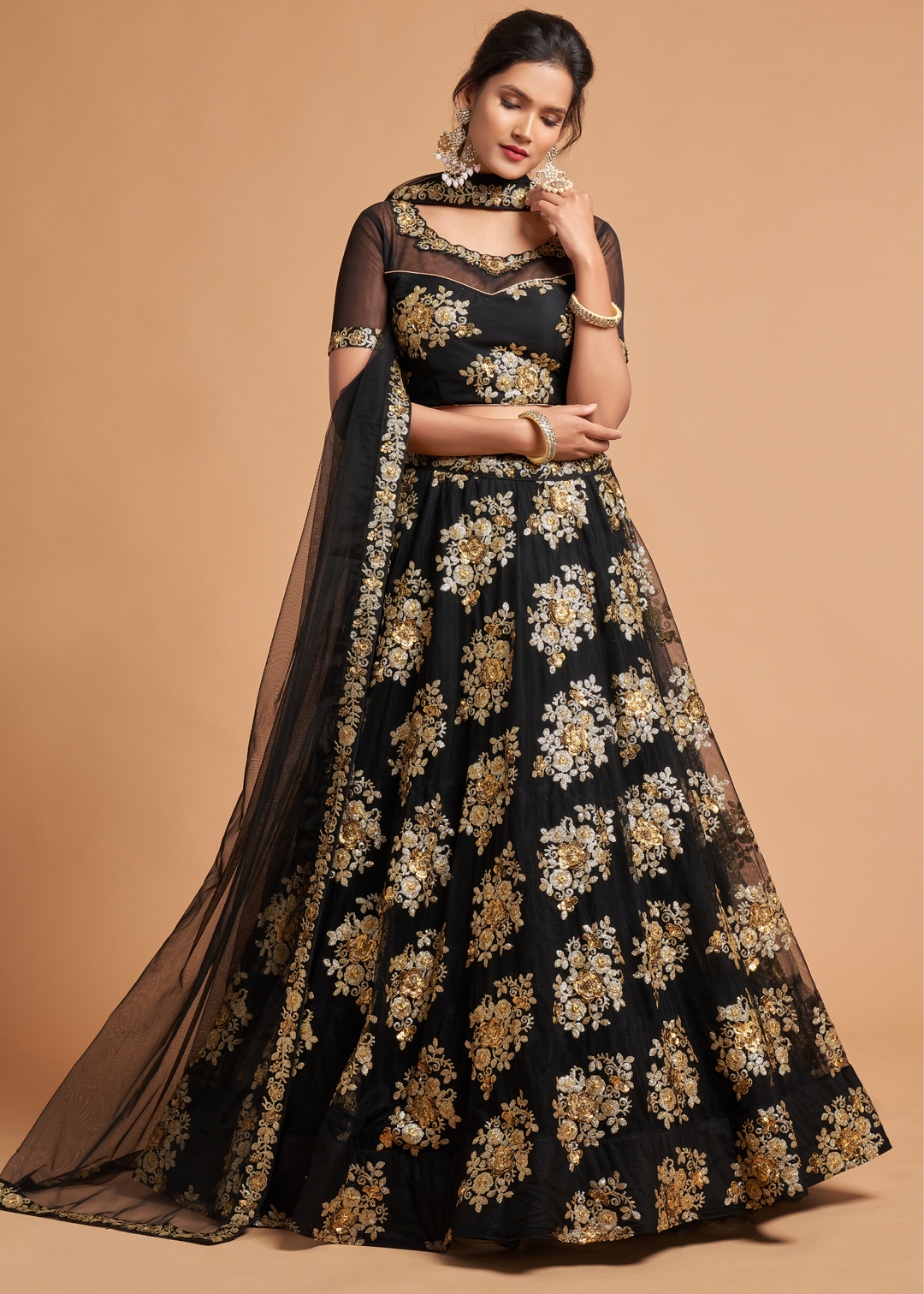 Onyx Black Designer Soft Net Lehenga Choli with Zari & Sequins work