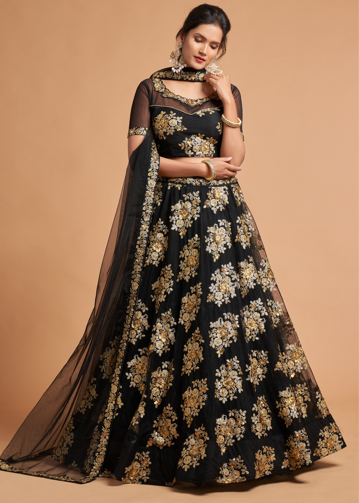 Onyx Black Designer Soft Net Lehenga Choli with Zari & Sequins work