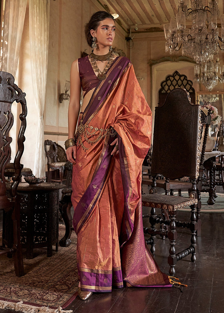 Coral Tussar Silk Handloom Weaving Saree