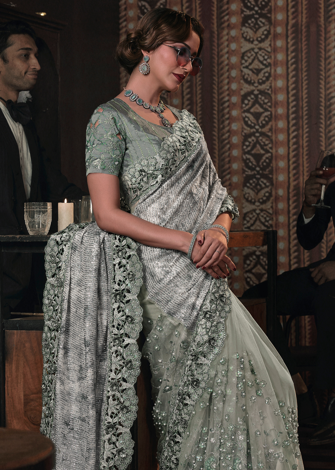 Tea Green Digital Net Saree with Thread, Sequence,Zarkan,Moti and Flower Applique work