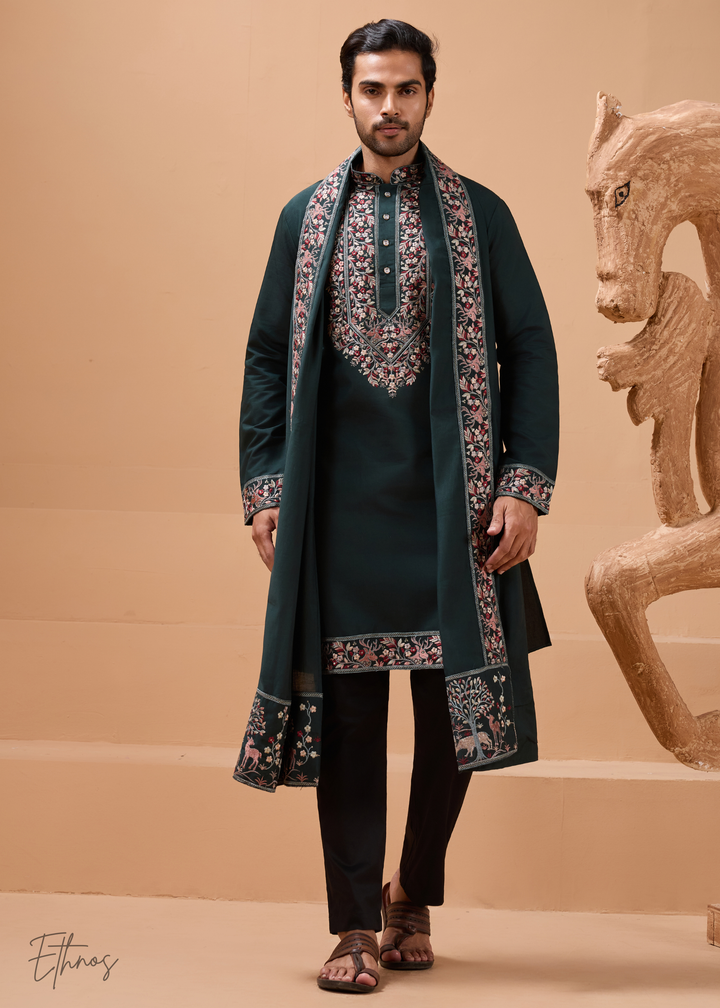 Green Mens Wear Silk Kurta With Pant And Dupatta