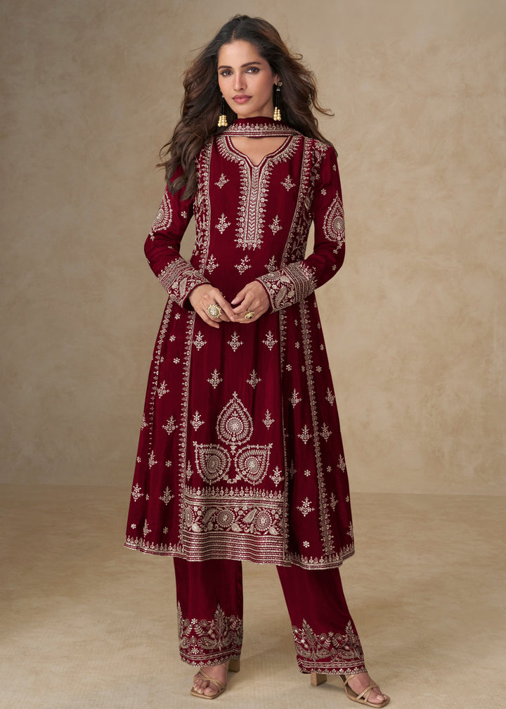 Garnet Red Chinon Silk Suit With Embroidery Work