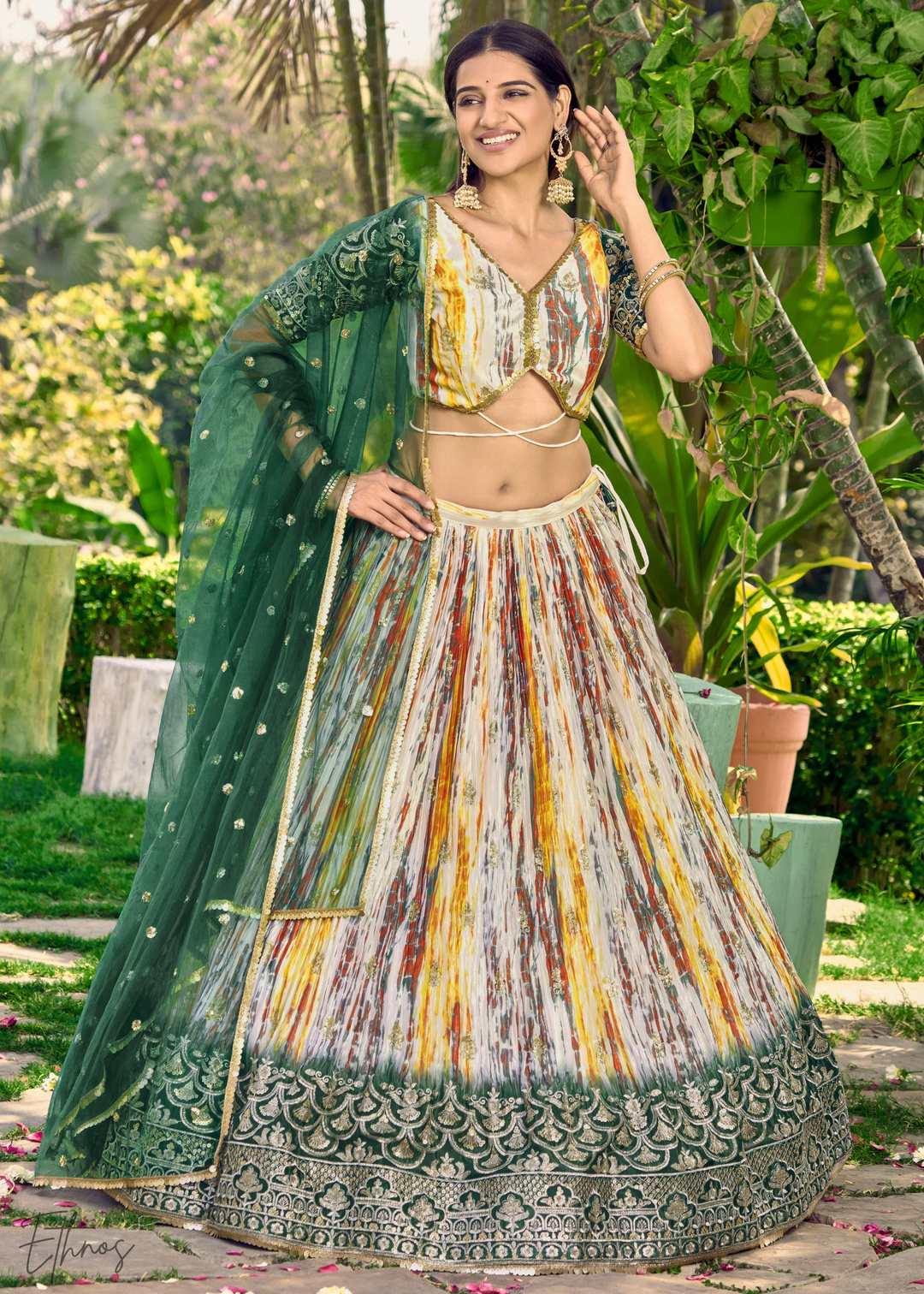 Dark Green Chinon Silk Lehenga Choli