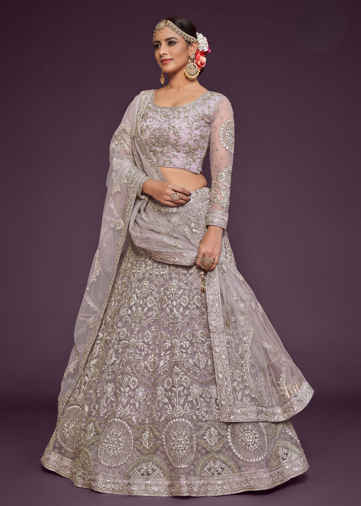Orchid Soft Net Lehenga with Thread, Zari, Badla and Glitter Dori Embroidery Work