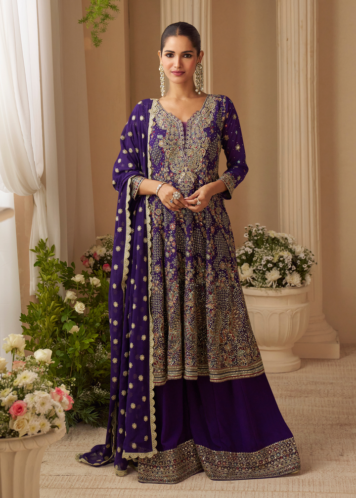 Purple With Gold Embroidery Georgette Palazzo Suit