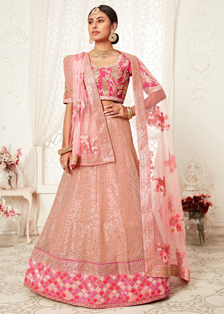 Pink Soft Net Lehenga With Zari, Dori, Thread And Sequins Floral Embroidery