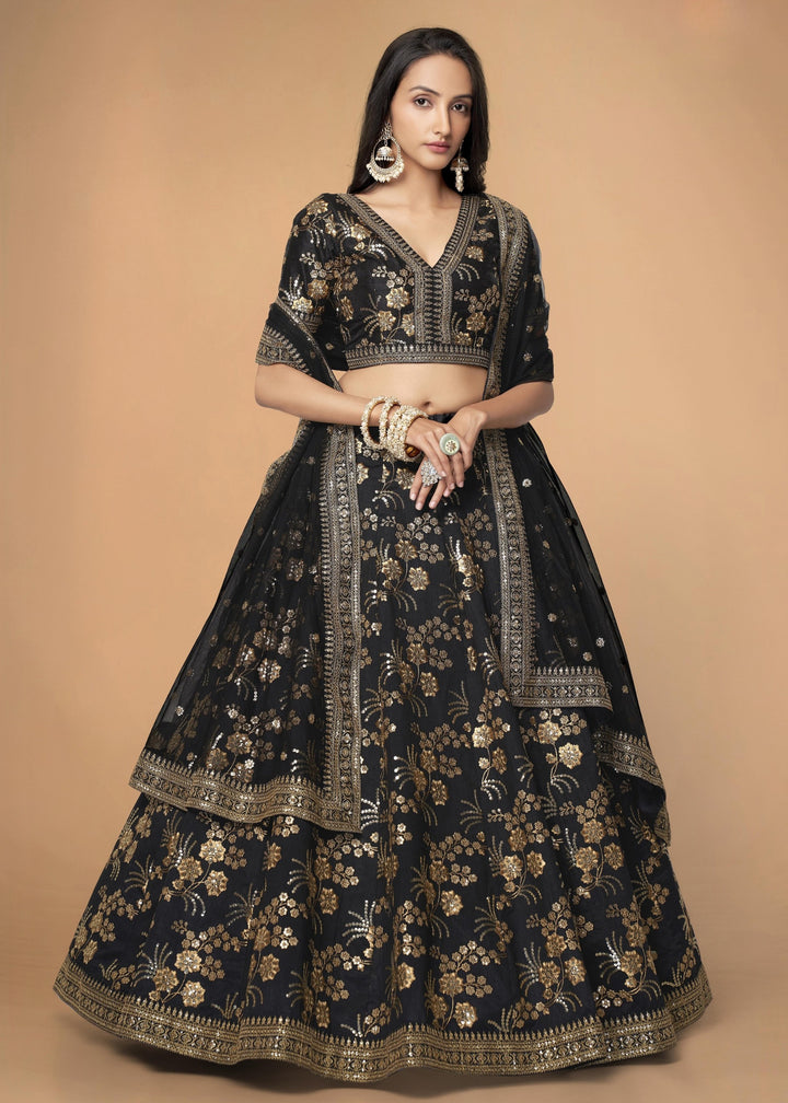 Black Slub Silk Lehenga with Zari Sequins and Dori Embroidery Work