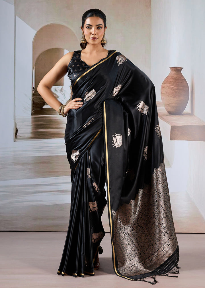 Black Pure Satin Handloom Weaving Saree