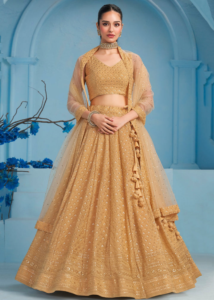 Beige Georgette Lehenga With Sequins and Thread Embroidered Work