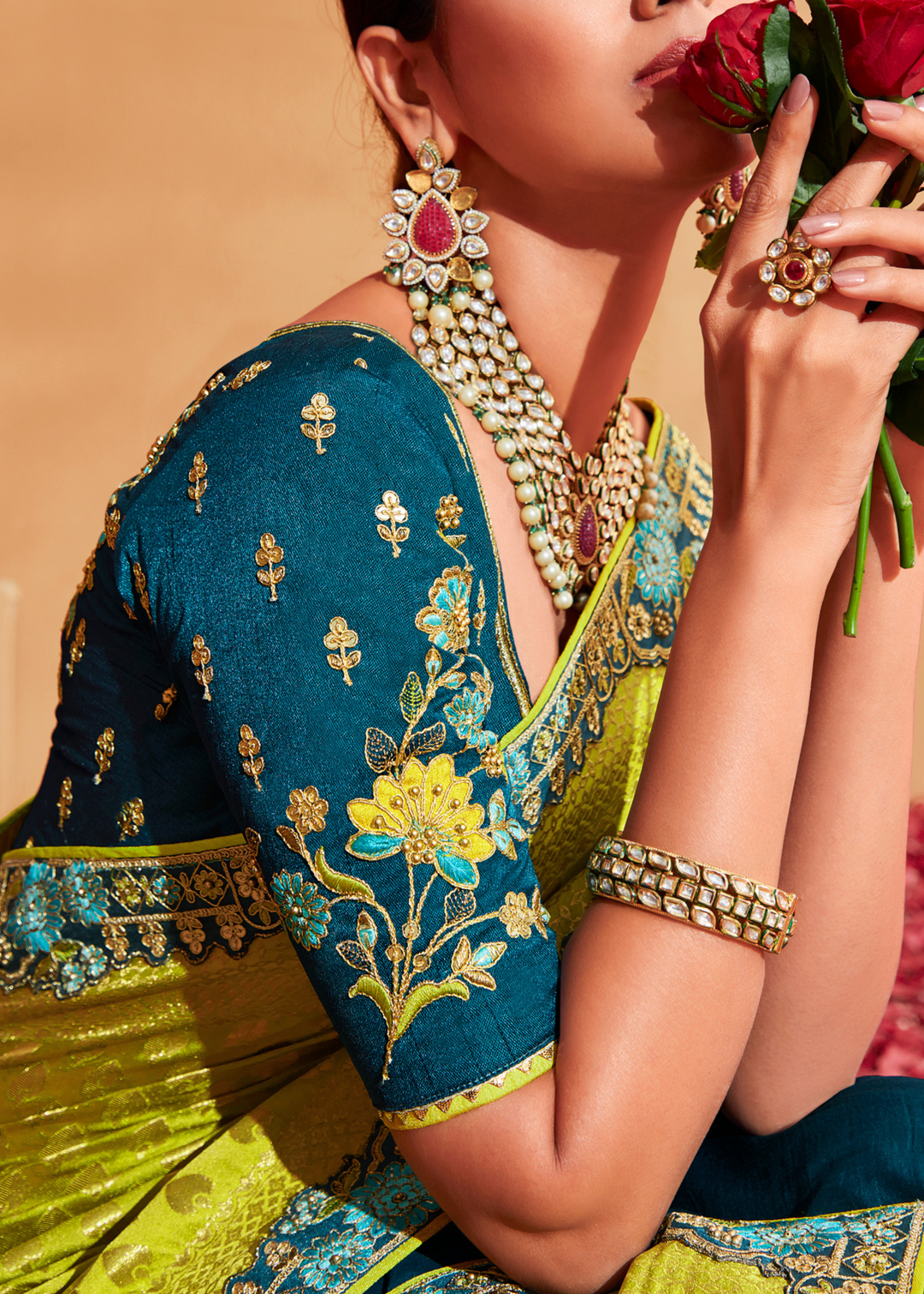 Green & Blue Half N Half Heavy Embroidered Banarasi Silk Saree