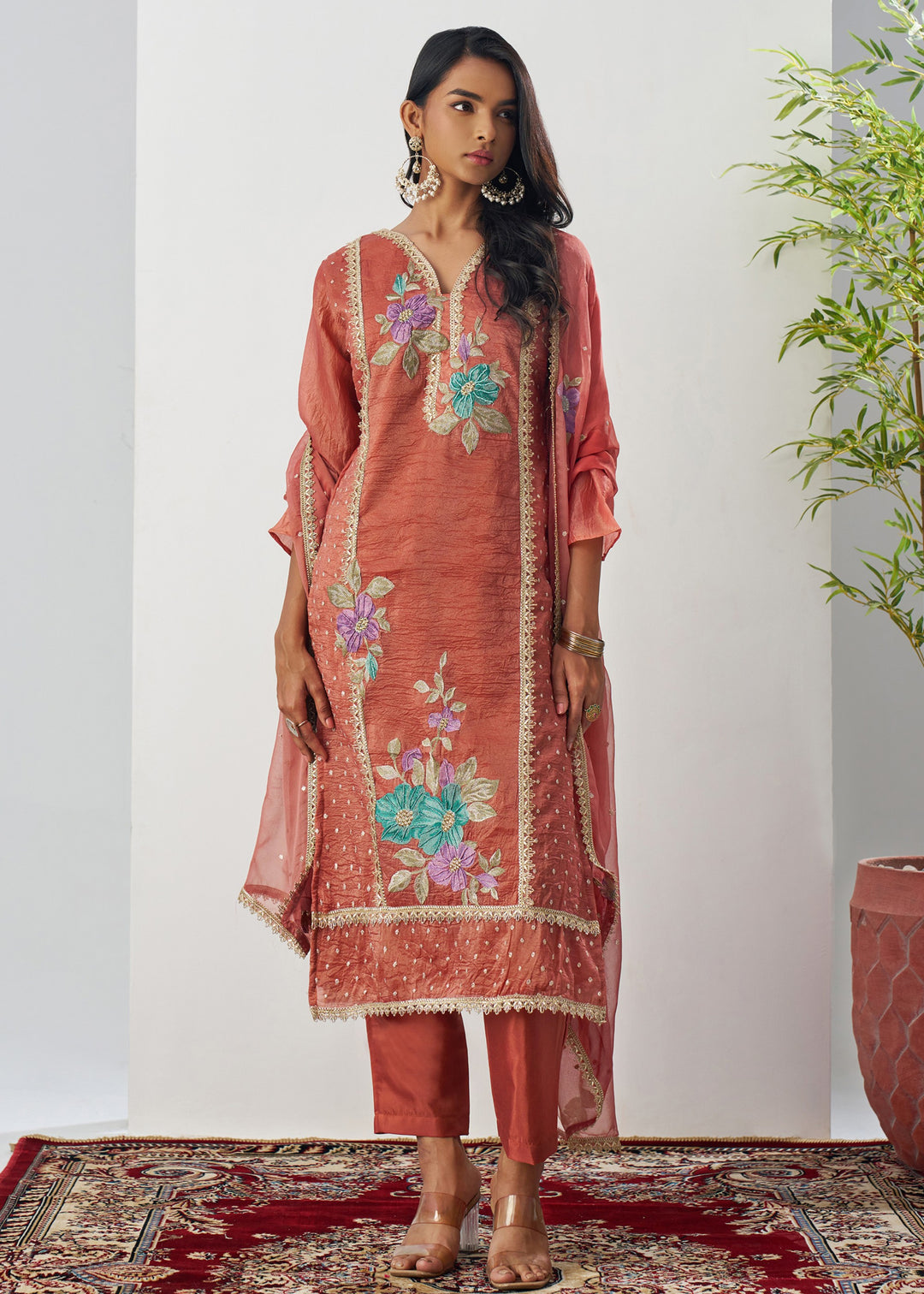Vermillion Orange Silk Pant Suit With Chiffon Dupatta