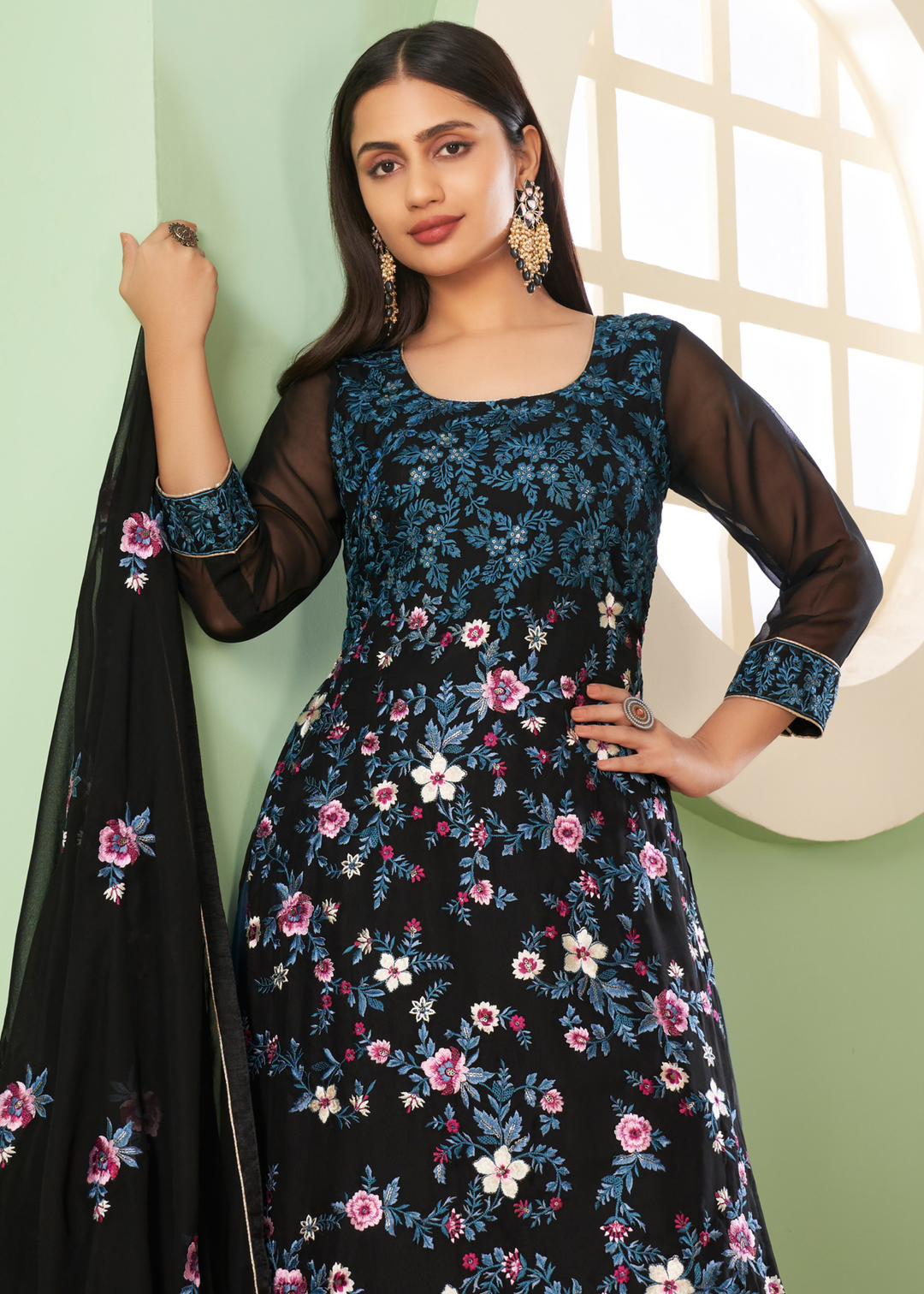 Midnight Black Georgette Salwar Suit with Multi Colour Thread Embroidery & Sequence work