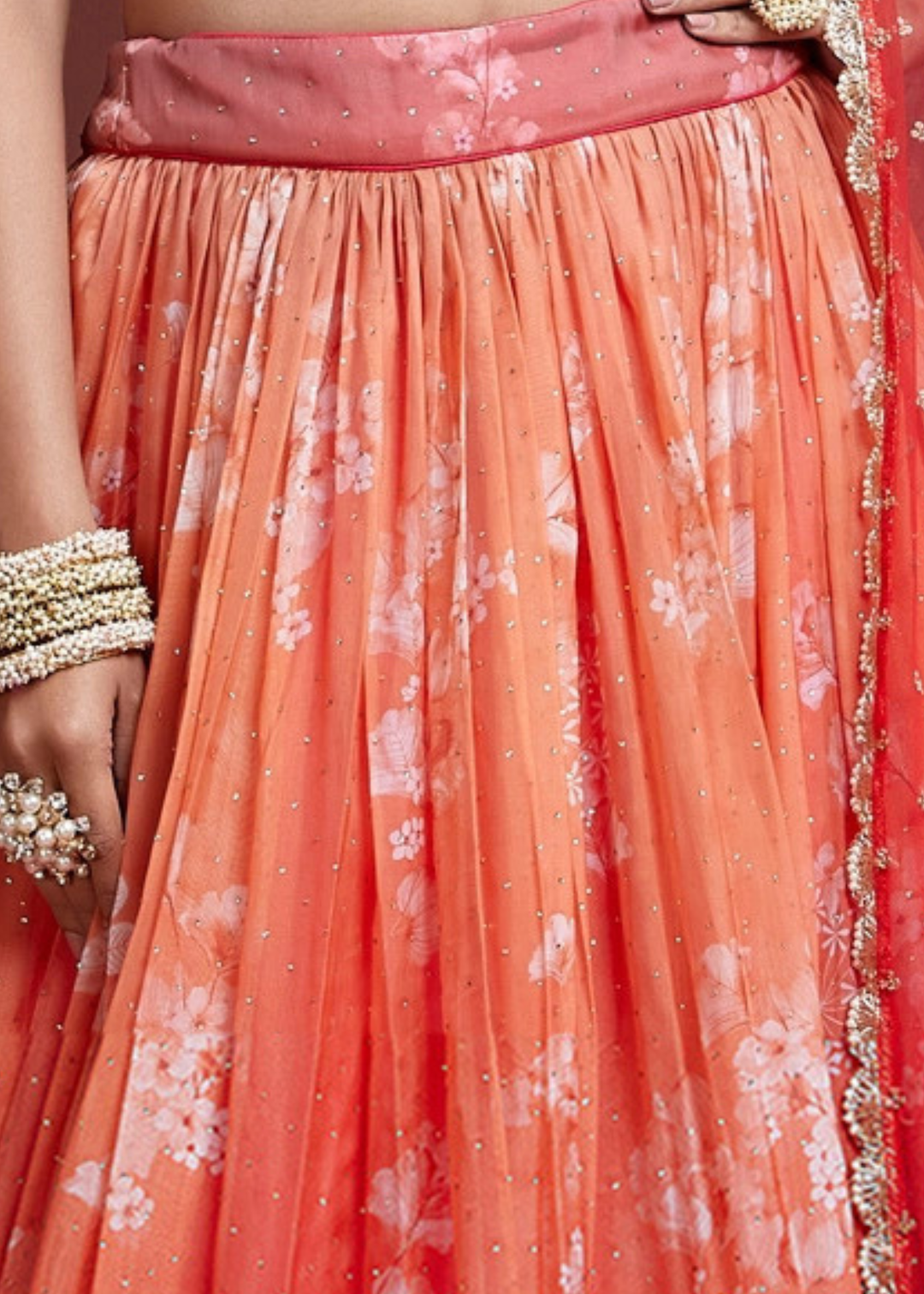 Shades Of Red Floral Printed Organza Silk Lehenga Choli with Swarovski & Mirror work