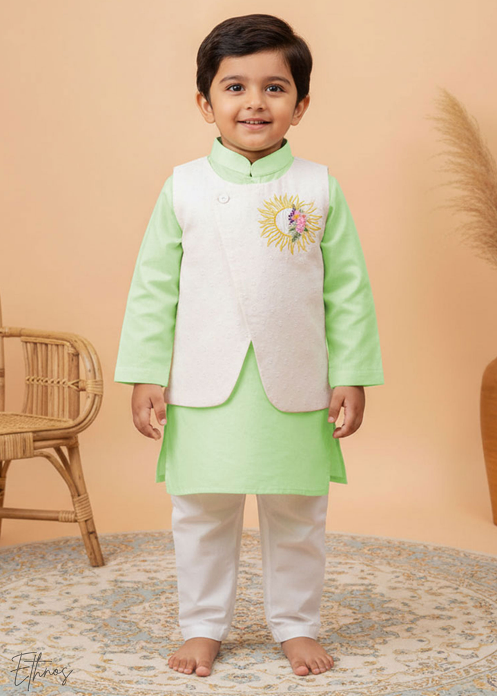 Organic Cotton Green & White kurta Set with Jacket - Floral
