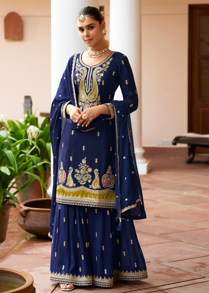 Navy Blue Chinon Palazzo Suit