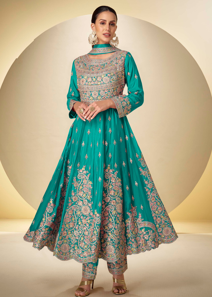 Peacock Green Chinon Salwar Suit