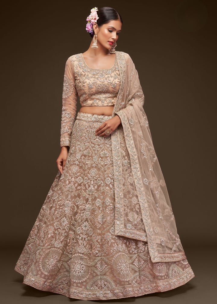 Royal Beige Soft Net Lehenga with Thread, Zari, Badla and Glitter Dori Embroidery Work