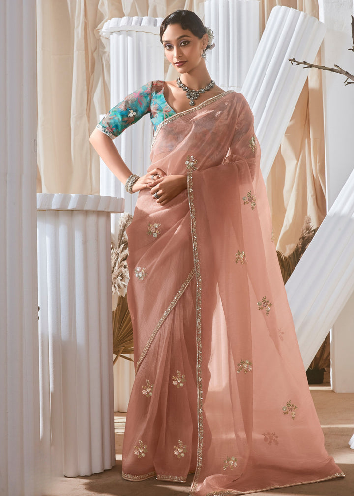Peach Pink Fancy Silk Saree With Printed Blouse