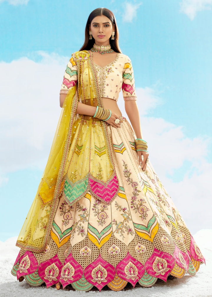 Off-White And Yellow Silk Lehenga With Cut Work Border