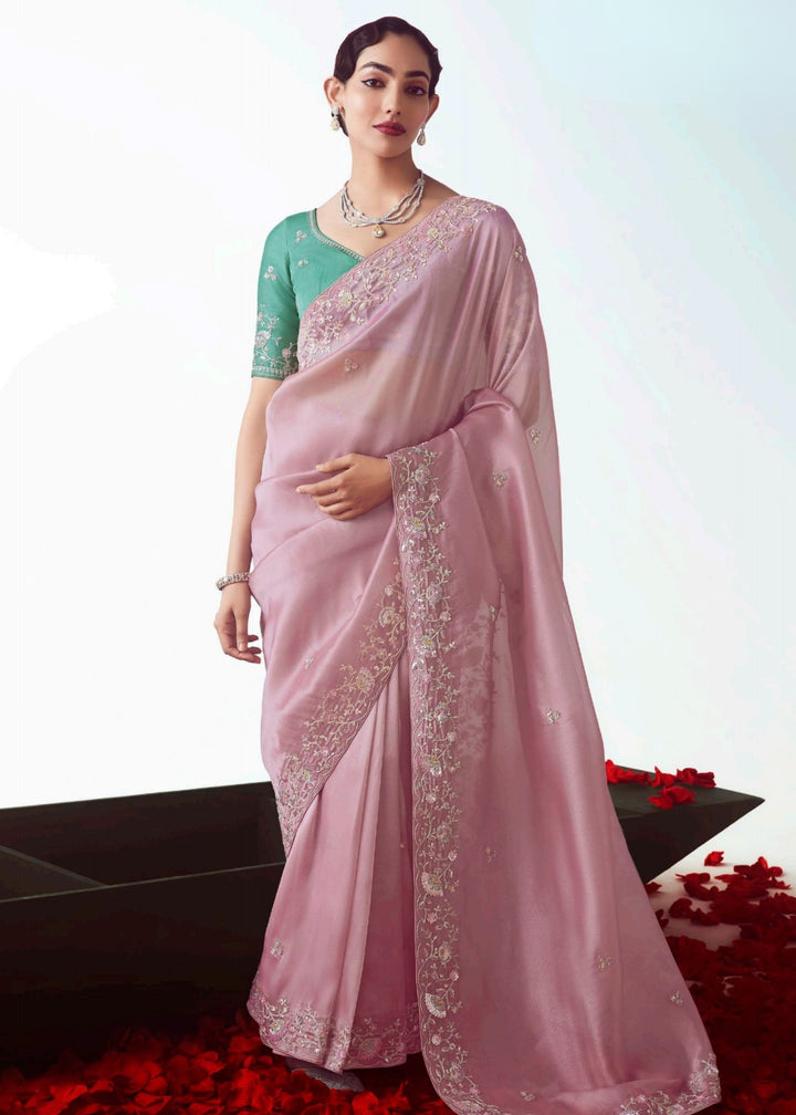 Crepe Pink Silk Saree With Embroidery