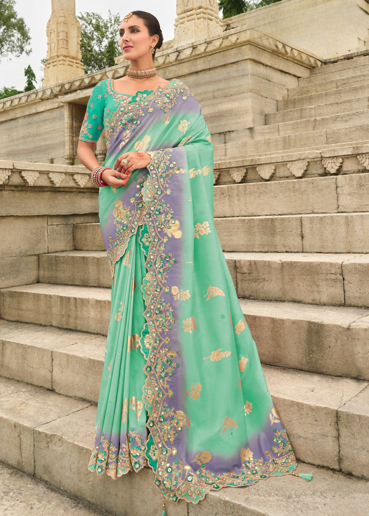 Seafoam Silk Saree With Embroidery Cut and Butti Work