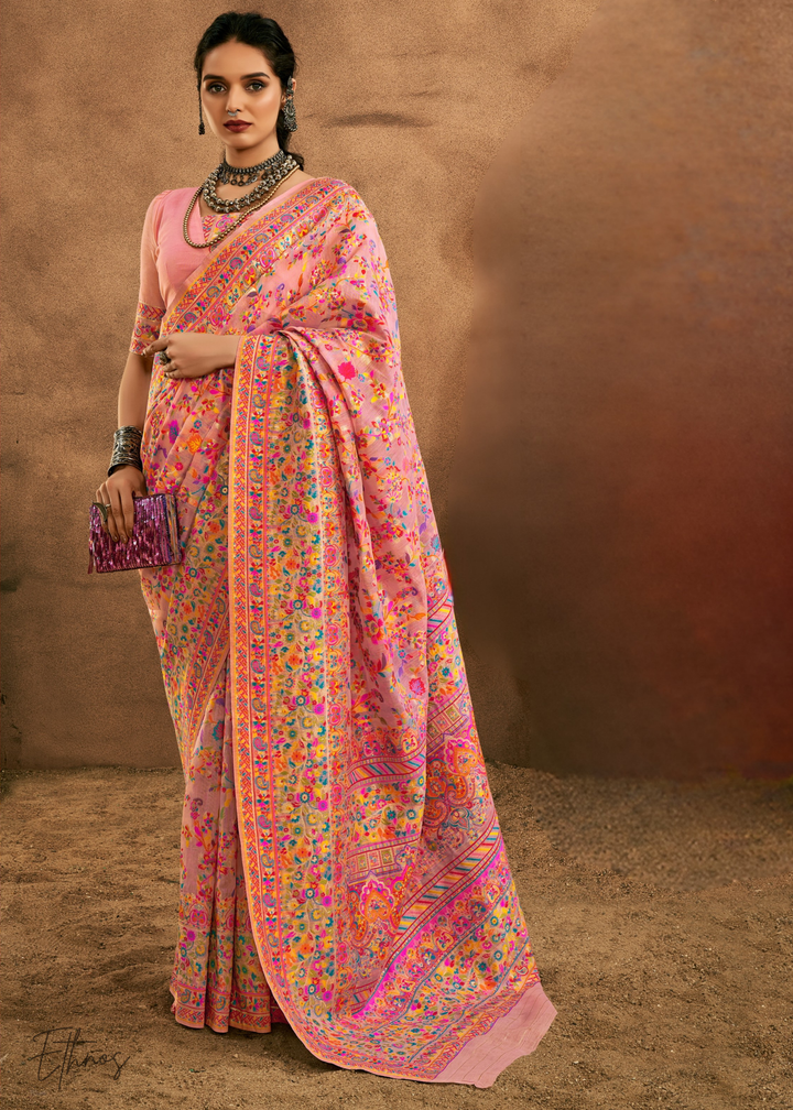 Soft Blush Pink with Multicolour Kashmiri Floral Weaving Saree