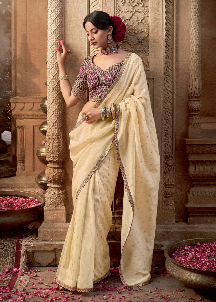 Cream Pure Viscous Crepe based fabric with Hand dying & Butti weaving Saree