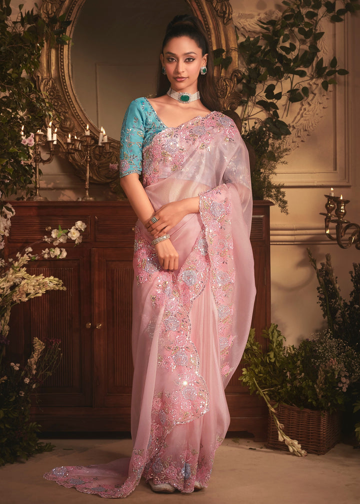 Baby Pink Tissue Organza Saree With Heavy Embroidery