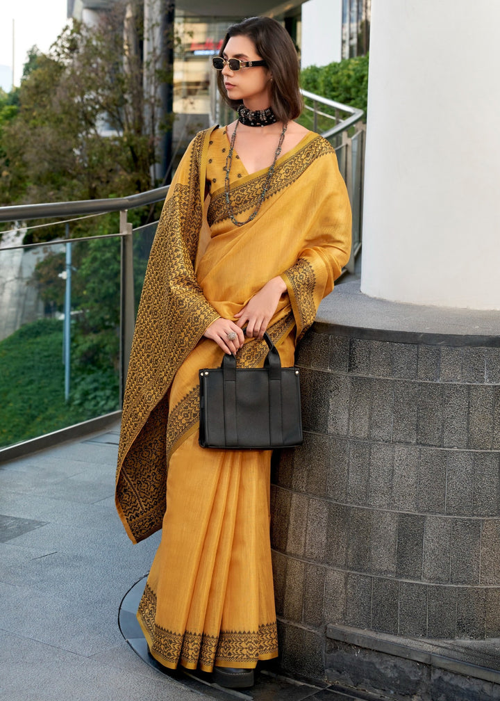 Mustard Yellow Linen Tissue Silk Saree