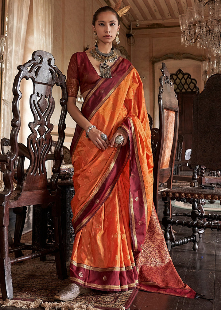 Orange Tussar Silk Handloom Weaving Saree