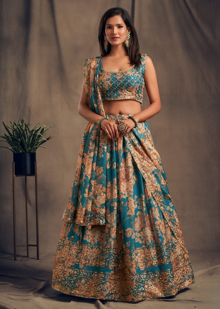 Teal Blue Organza Lehenga Sequins Zari Embroidery Work