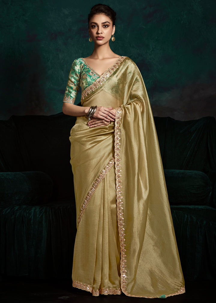 Golden Silk Saree With Sequins