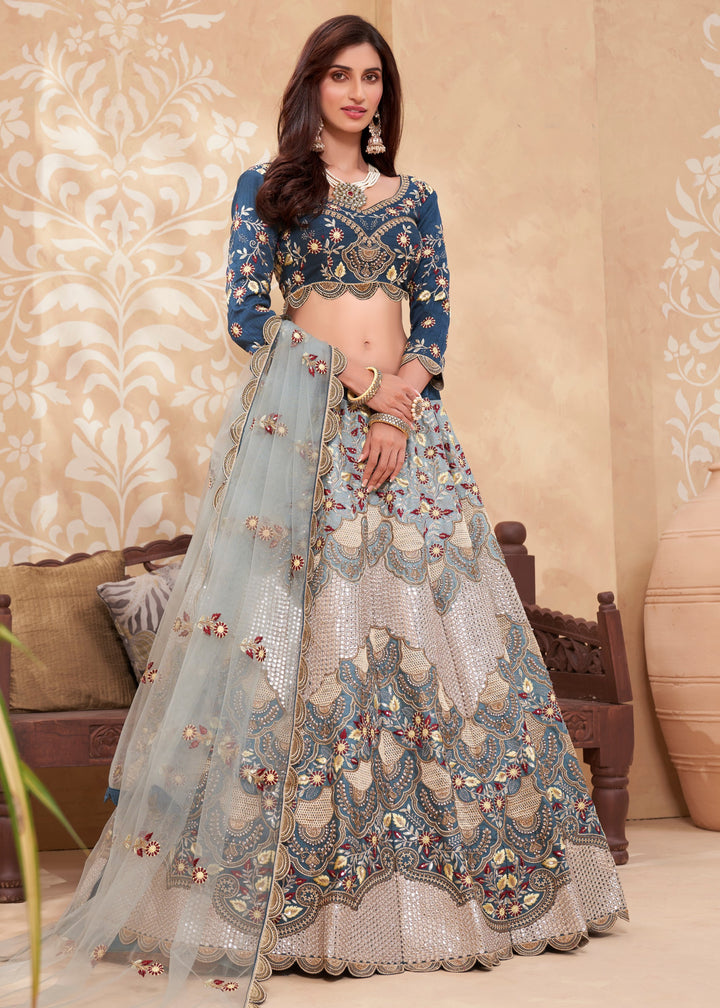 Shades of Blue Silk Lehenga Choli WIth Beautiful Thread & Sequins Embroidery Work : Top Pick