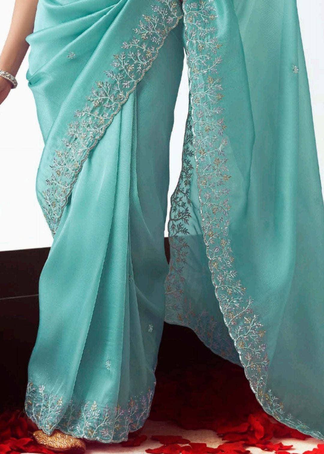 Sky Blue Fancy Fabric Silk Saree With Hand Embroidered Work And Cut Work Border