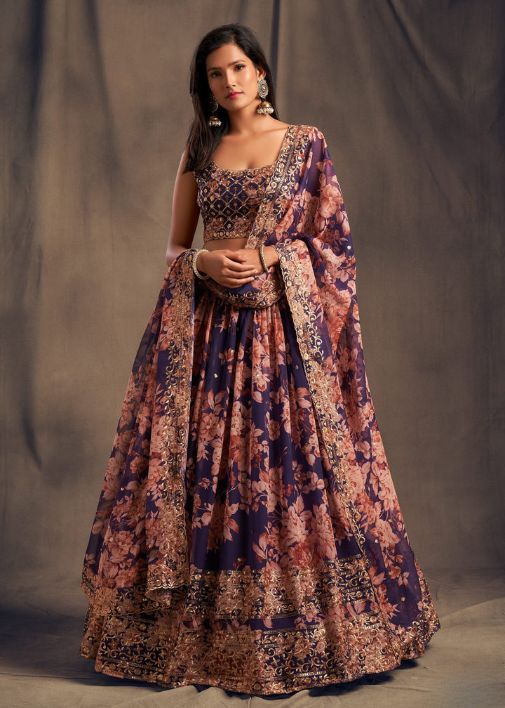 Purple Organza Lehenga Sequins Zari Embroidery Work