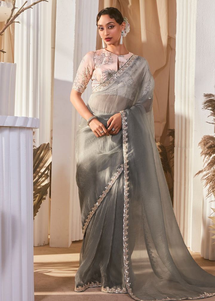 Slate Grey Fancy Silk Saree With Printed Blouse