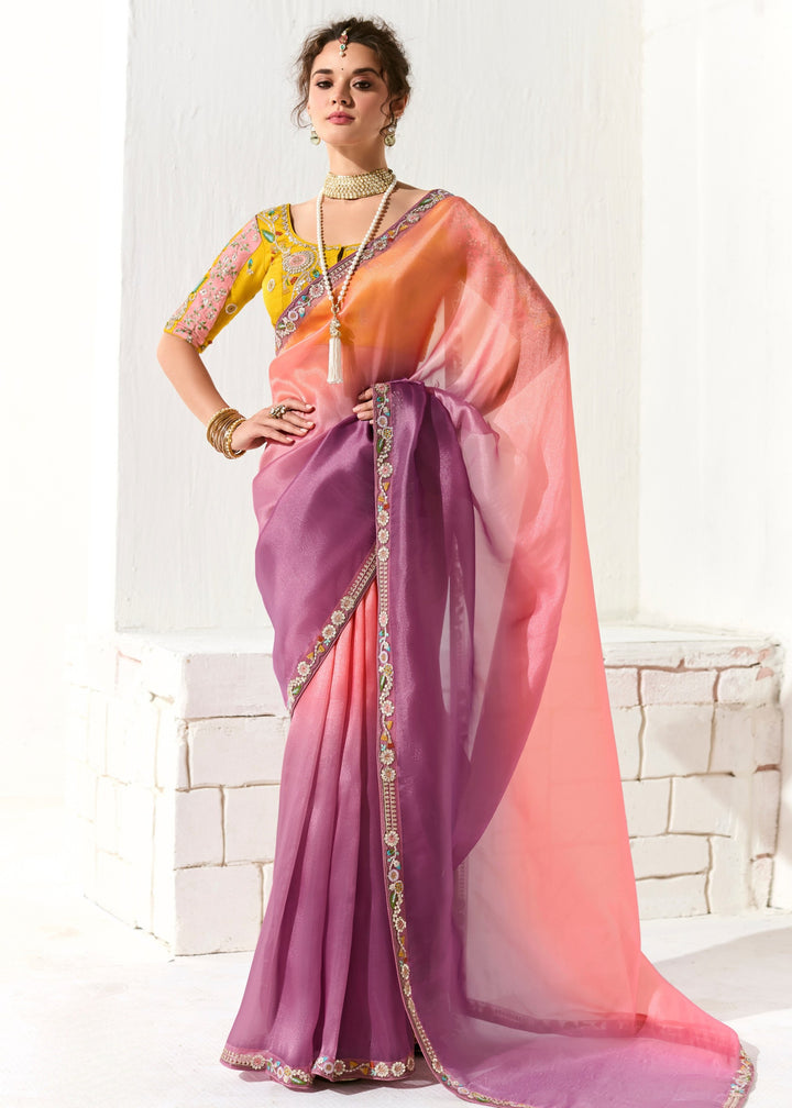 Peach & Purple Organza Tissue Silk Saree