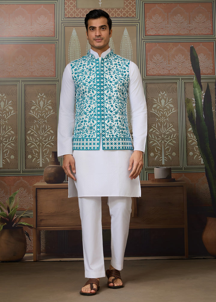 White Kurta And Pant With Powdered Blue Embroidered Nehru Jacket