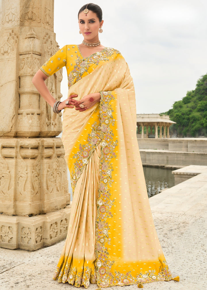 Light Yellow Silk Saree With Embroidery Cut and Butti Work
