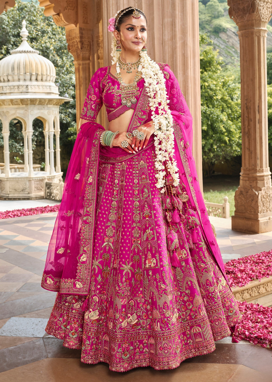 Persian Rose Pink Heavy Bridal Silk Lehenga With Khatli And Embroidery Work