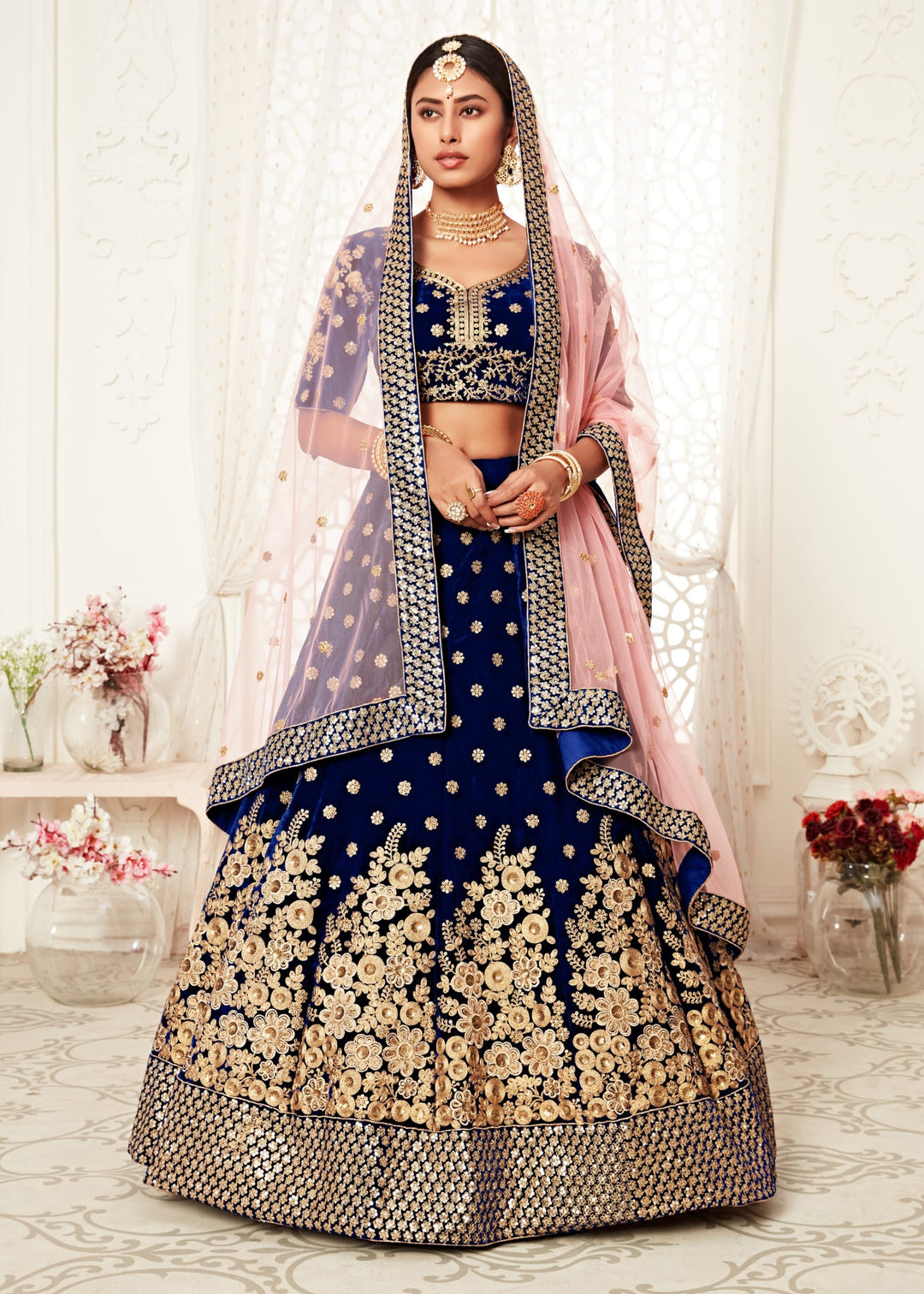 Navy Blue Velvet With Zari & Thread embroidery With Diamond Work Bridal Lehenga