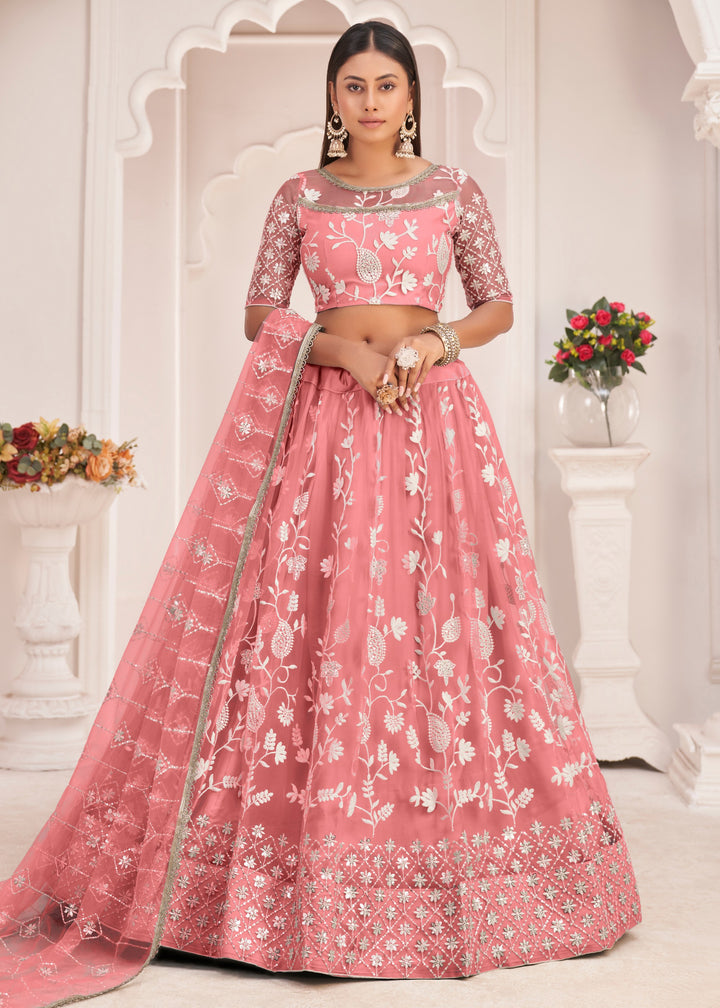 Salmon Pink Designer Soft Net Lehenga With Cotton Thread And Sequins Embroidery Work